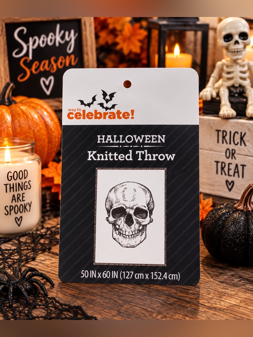 Halloween Knitted Throw Blanket Skull 50โ x 60โ Black & Cream NEW